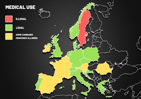 Na mapce lze vidět, jak se k otázce legality konopí staví jednotlivé státy v Evropě
